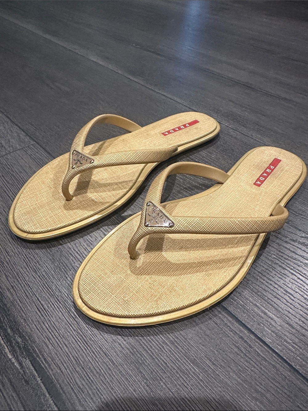 Prada Gold-Tone Beige Logo Triangle Thong Sandals
